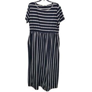 Nemidor Woman's Black‎ White Stripe Short Sleeve Pocket Maxi Dress Plus Sz US 18
